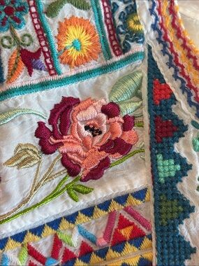 Johnny Was White Embroidered Mini Dress with Multicolor Floral Yoke